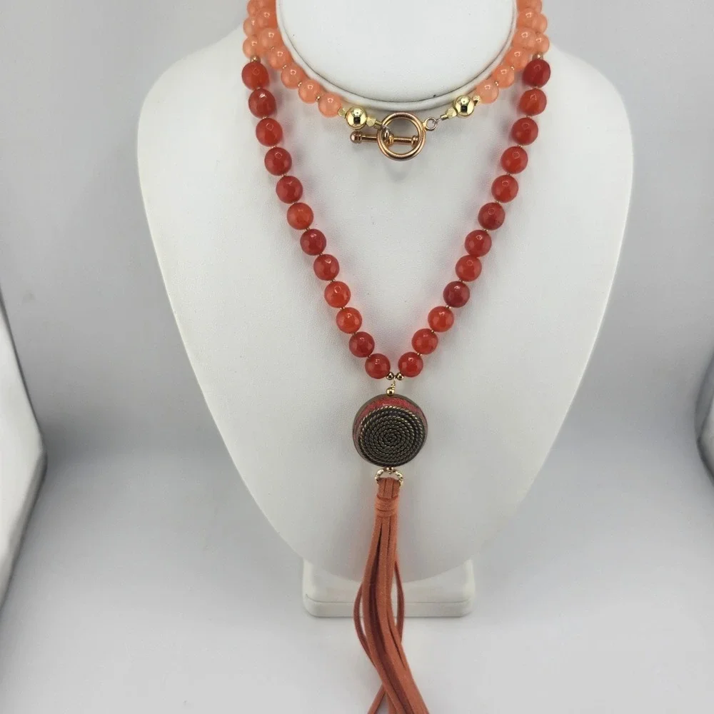 Orange Agate‎ Beaded Necklace Statement Pendant Tassel Gold Accent Jewelry